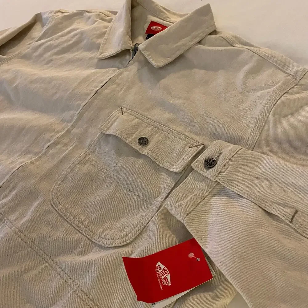 NWT Vans Skate Garage Jacket Mens XL Natural Beige Denim Full Zip Skater Casual